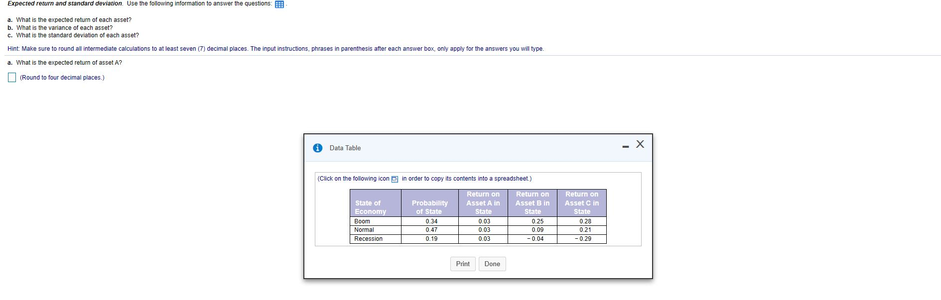 Expected return and standard deviation. Use the following information to answer