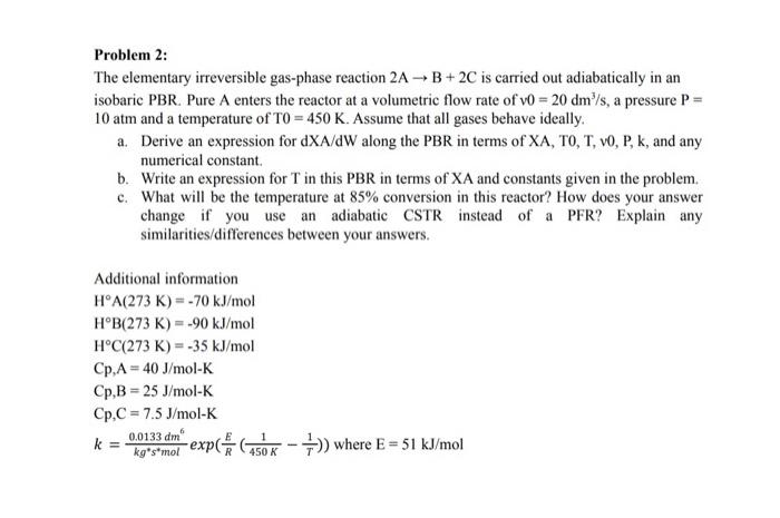  Problem 2: The elementary irreversible gas-phase reaction 2AB+ 2C is carried