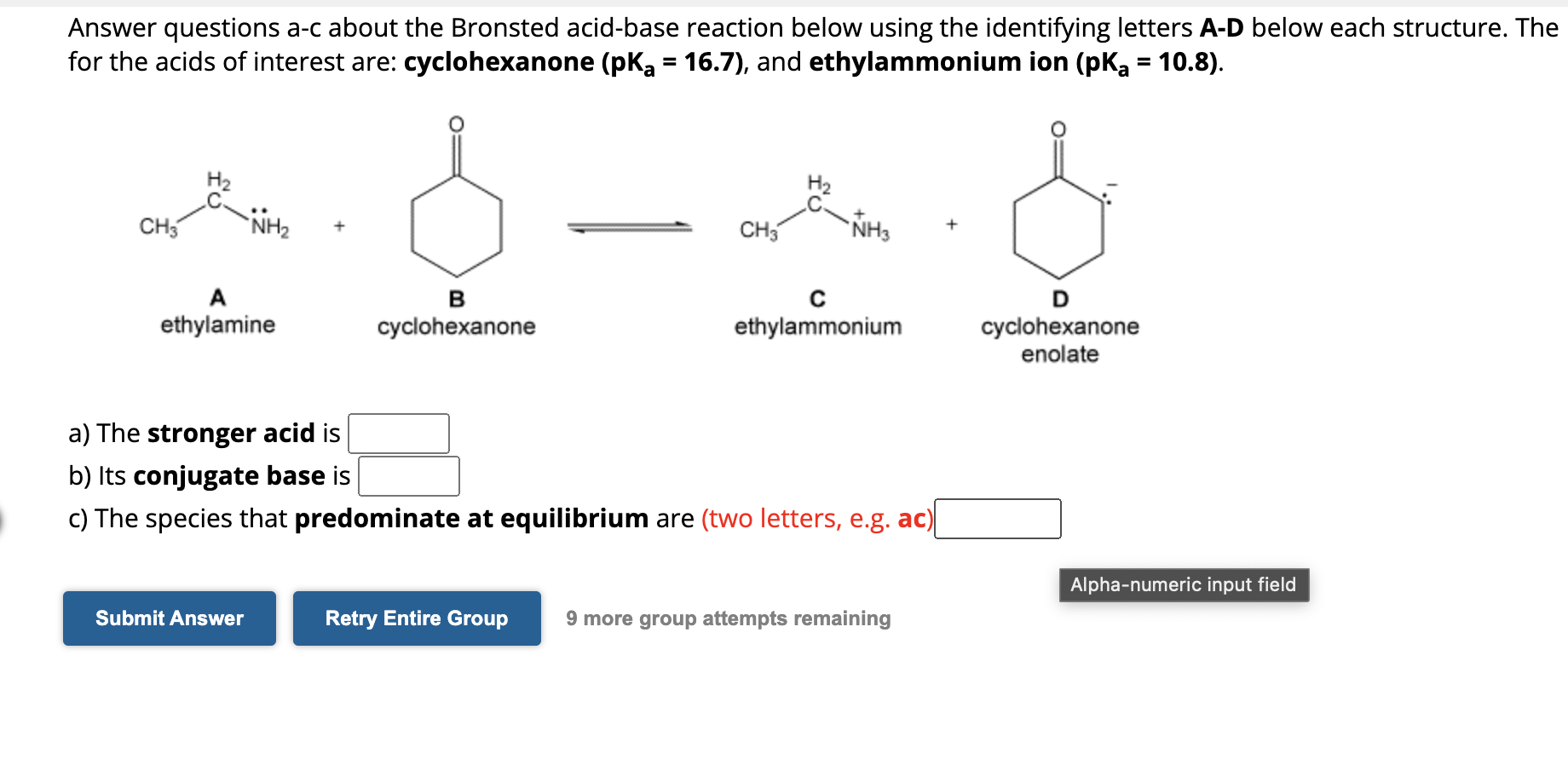  Answer questions a-c about the Bronsted acid-base reaction below using the