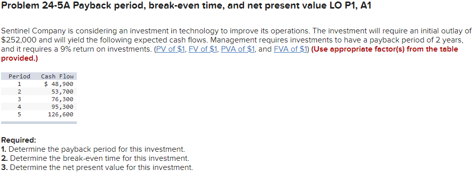Problem 24-5A Payback period, break-even time, and net present value LO