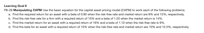 Display formulas used Learning Goal 6 PB-26 Manipulating CAPM Use the