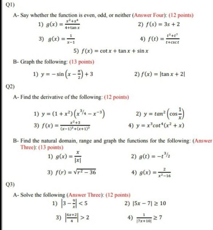  Q1) A- Say whether the function is even, odd, or neither