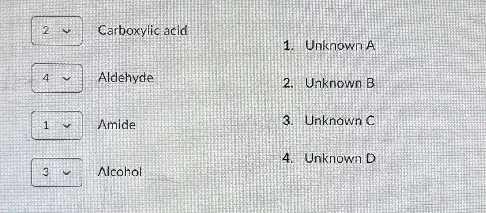  Carboxylic acid Unknown A Aldehyde 2. Unknown B Amide 3. Unknown