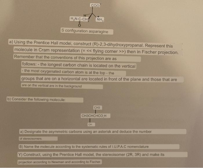  a) Using the Prentice Hall model, construct (R)-2,3-dihydroxypropanal. Represent this molecule