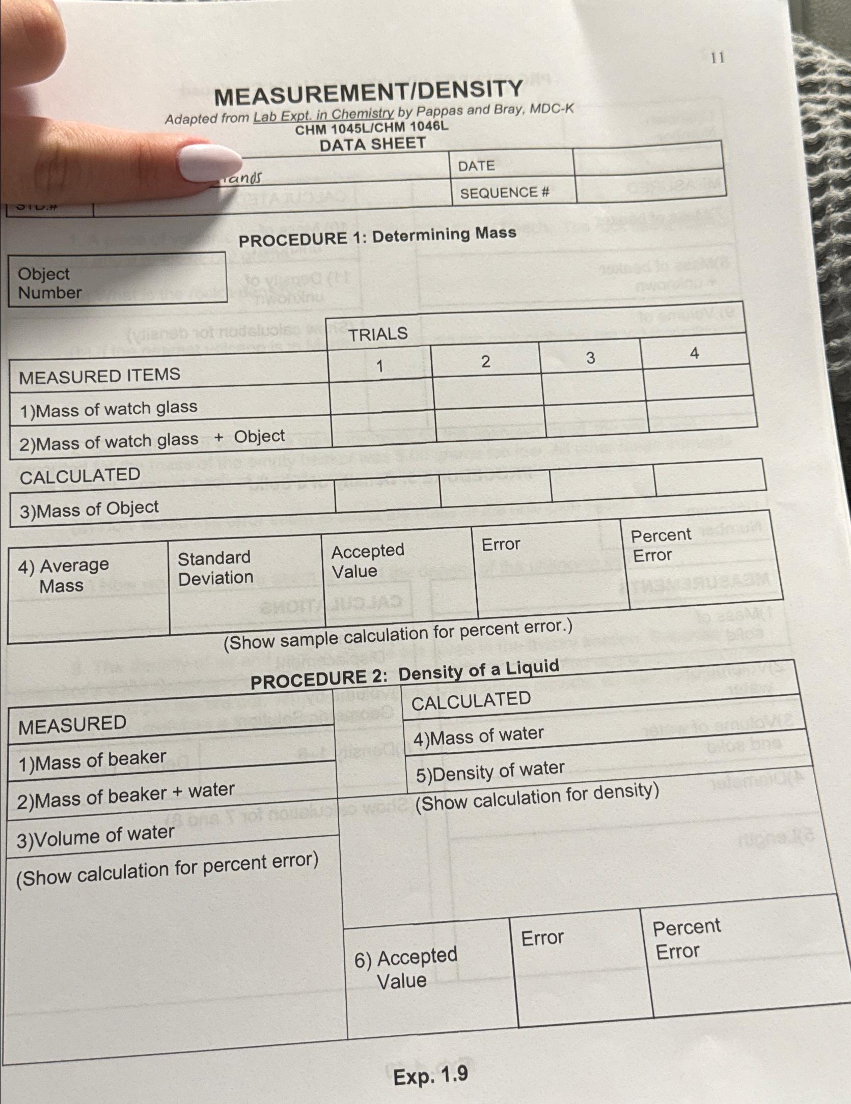  11 MEASUREMENT/DENSITY Adapted from Lab Expt. in Chemistry by Pappas and