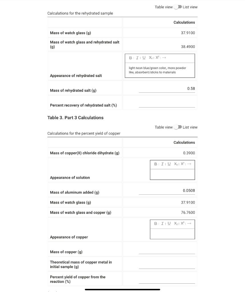 Help with empty spaces Table view List view Table 3. Part 3