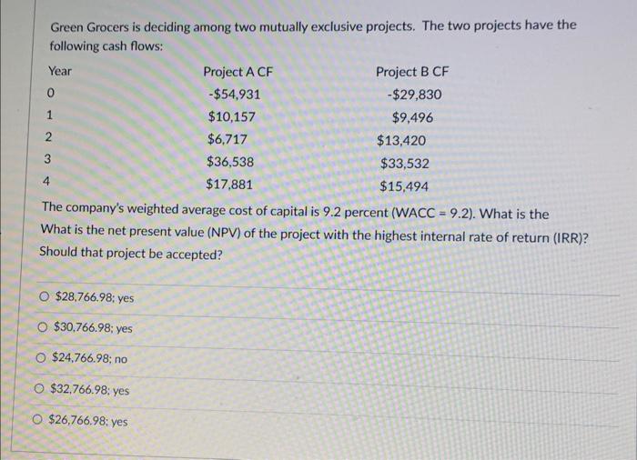  Green Grocers is deciding among two mutually exclusive projects. The two