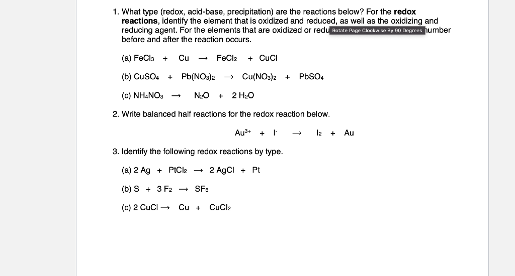  1. What type (redox, acid-base, precipitation) are the reactions below? For