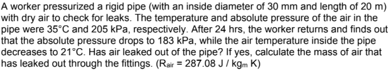 A worker pressurized a rigid pipe (with an inside diameter of