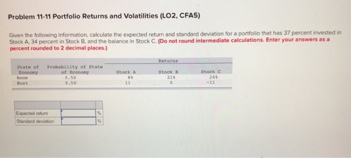  Problem 11-11 Portfolio Returns and Volatilities (LO2, CFAS) Given the following