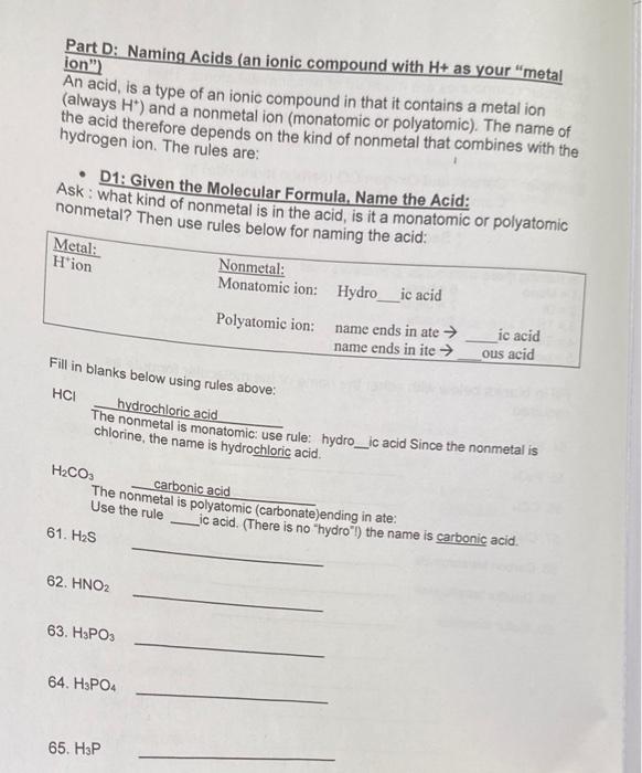  Part D: Naming Acids (an ionic compound with H+ as your