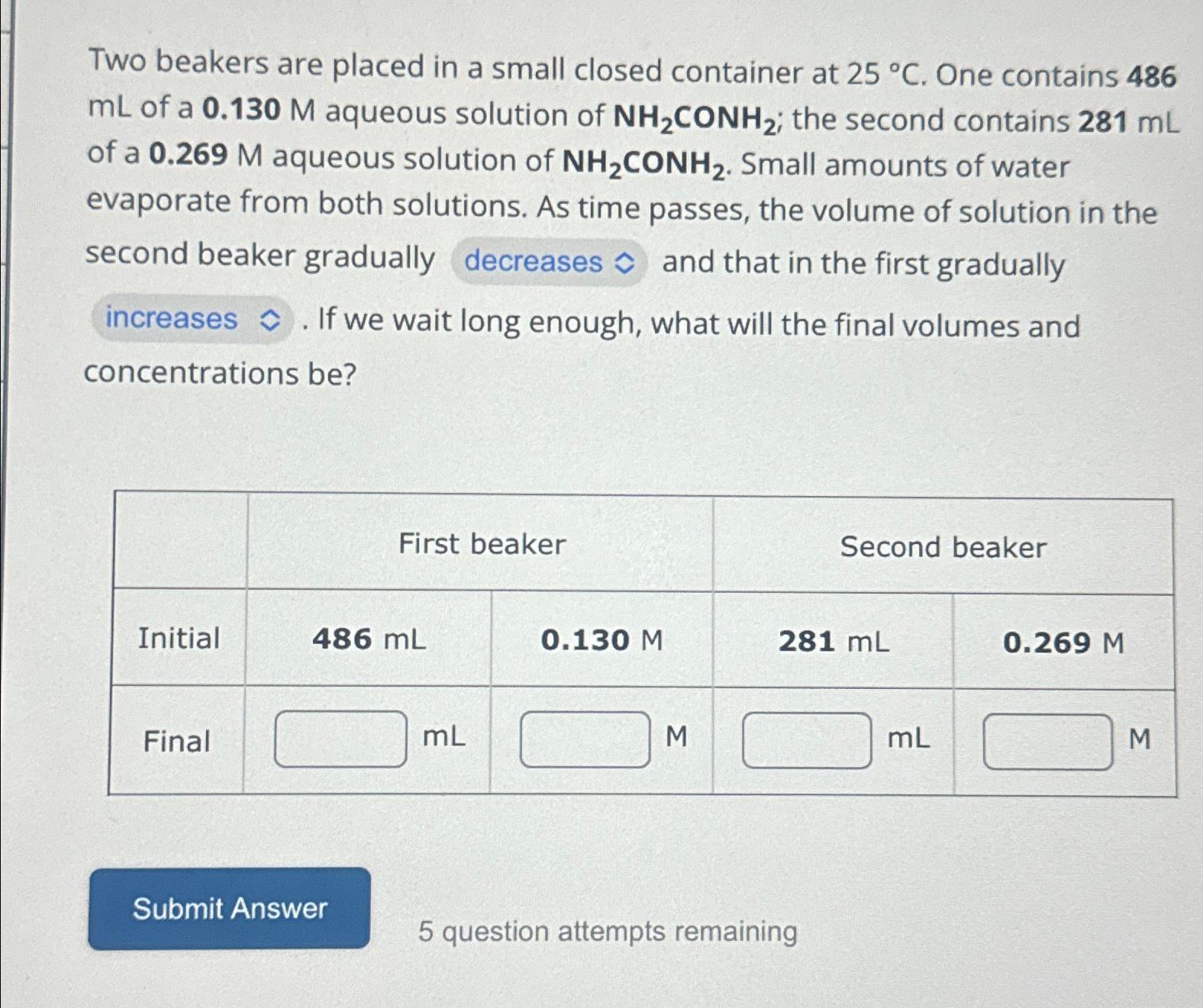  Two beakers are placed in a small closed container at 25C.