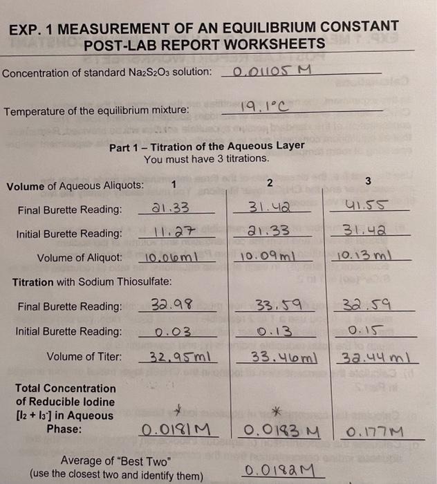  a. Using your own lab-obtained data, what was your calculated Kc