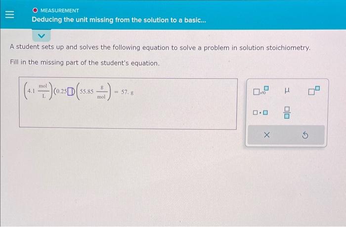 Deduce the missing units from the equation A student sets up and