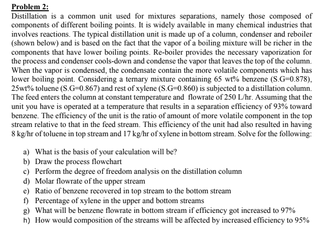 Problem 2: Distillation is a common unit used for mixtures separations,