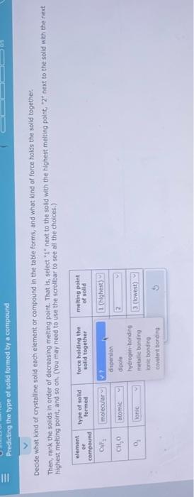  Decide. what kand of crystaline solid each element or compound in