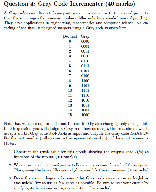  Question 4: Gray Code Incrementer (40 marks) A Gray code is