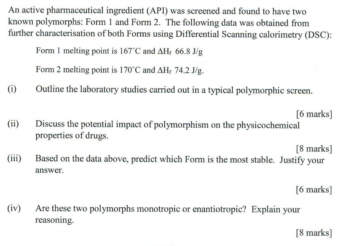 Please answer all parts An active pharmaceutical ingredient (API) was screened and