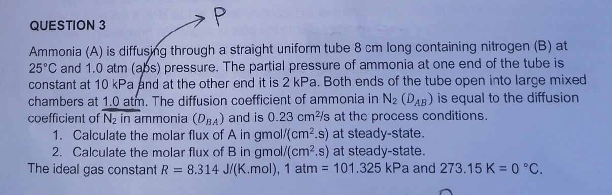  QUESTION 3 Ammonia (A) is diffusjing through a straight uniform tube