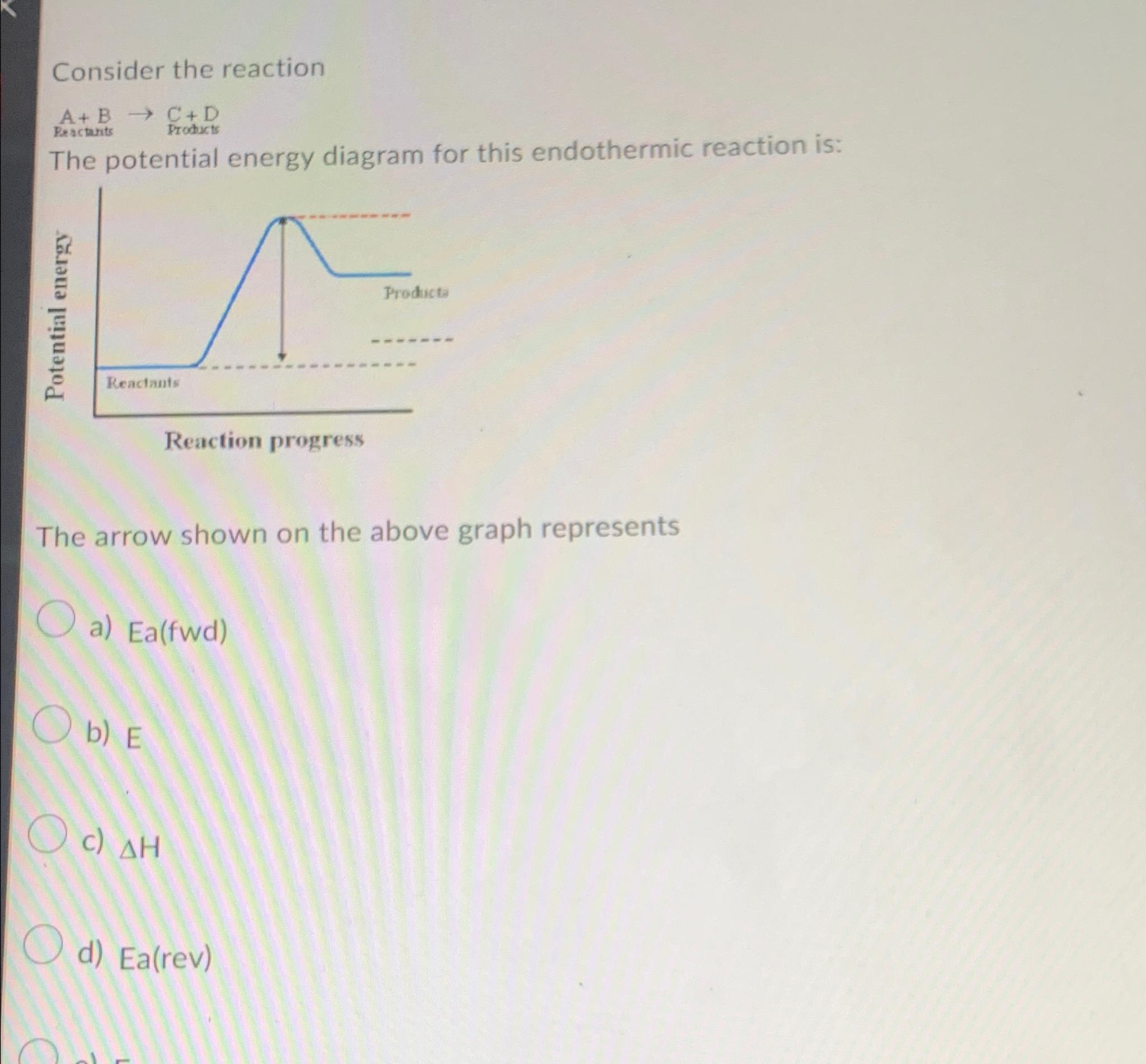  Consider the reaction A+BReacteritsCProducts+D The potential energy diagram for this endothermic