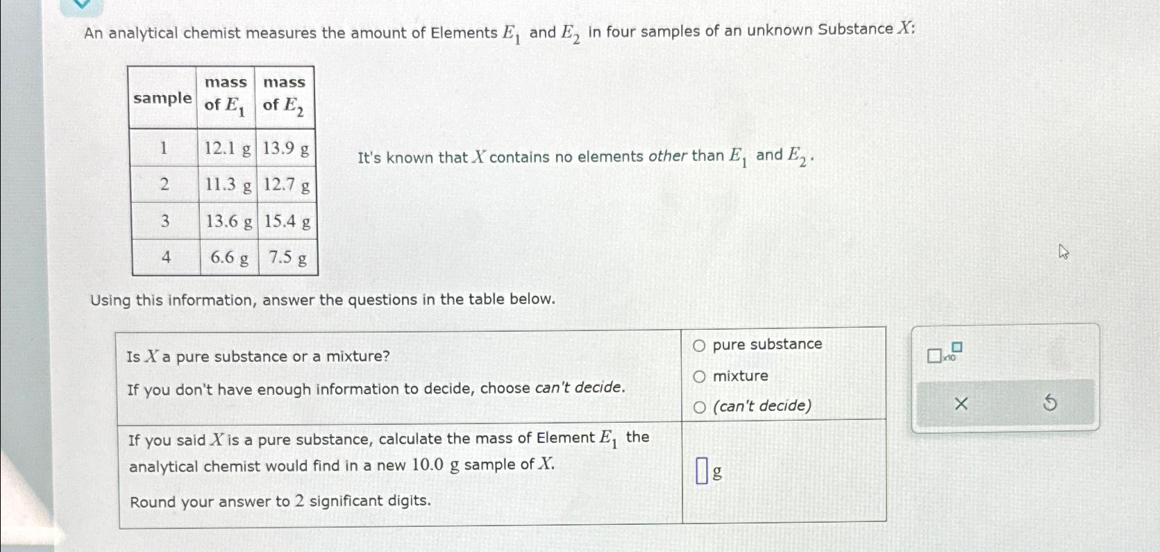  An analytical chemist measures the amount of Elements E1 and E2