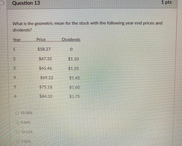  Question 13 1 pts What is the geometric mean for the