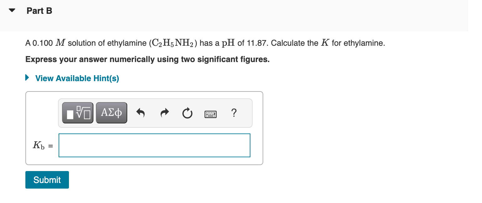 a weak acid in water, HA(aq)+H2O(l)H3O+(aq)+A(aq) Part A the equilibrium constant is