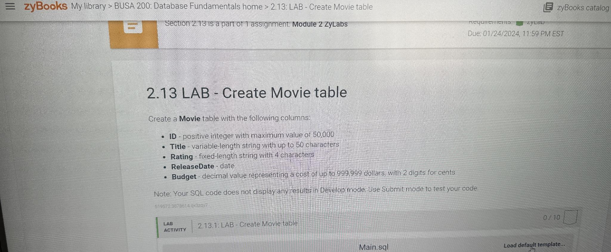  2.13 LAB - Create Movie table Create a Movie table with