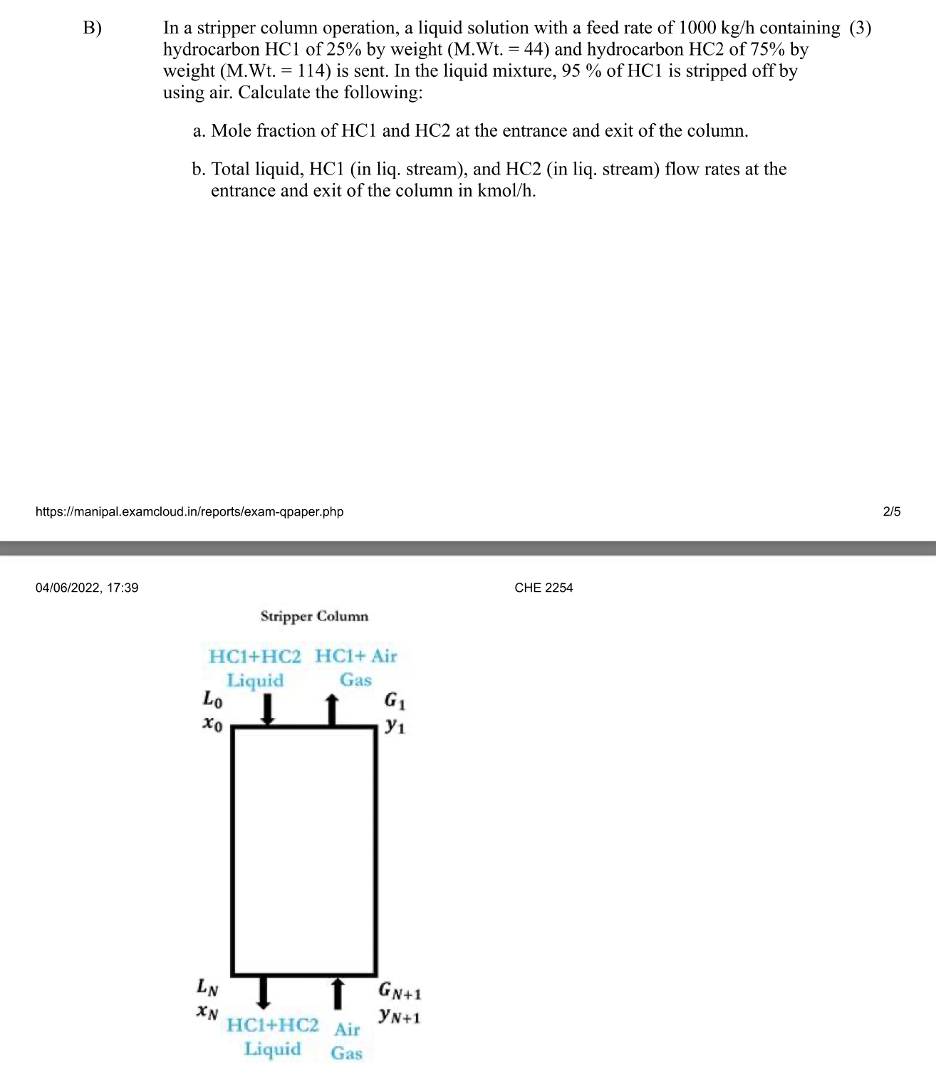 In a stripper column operation, a liquid solution with a feed rate