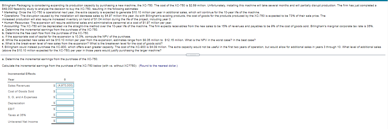 Need help with the above problems. Thanks Billingham Packaging is considering expanding