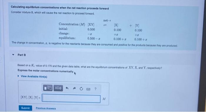 Calculating equilibrium concentrations when the net reection proceeds forward Consider mixture