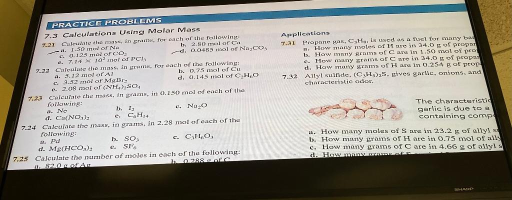  The highlighted questions A,B,C,D 7.3 Calculations Using Molar c. 0.125mol of