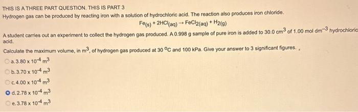  THIS IS A THREE PART QUESTION. THIS IS PART 3 Hydrogen