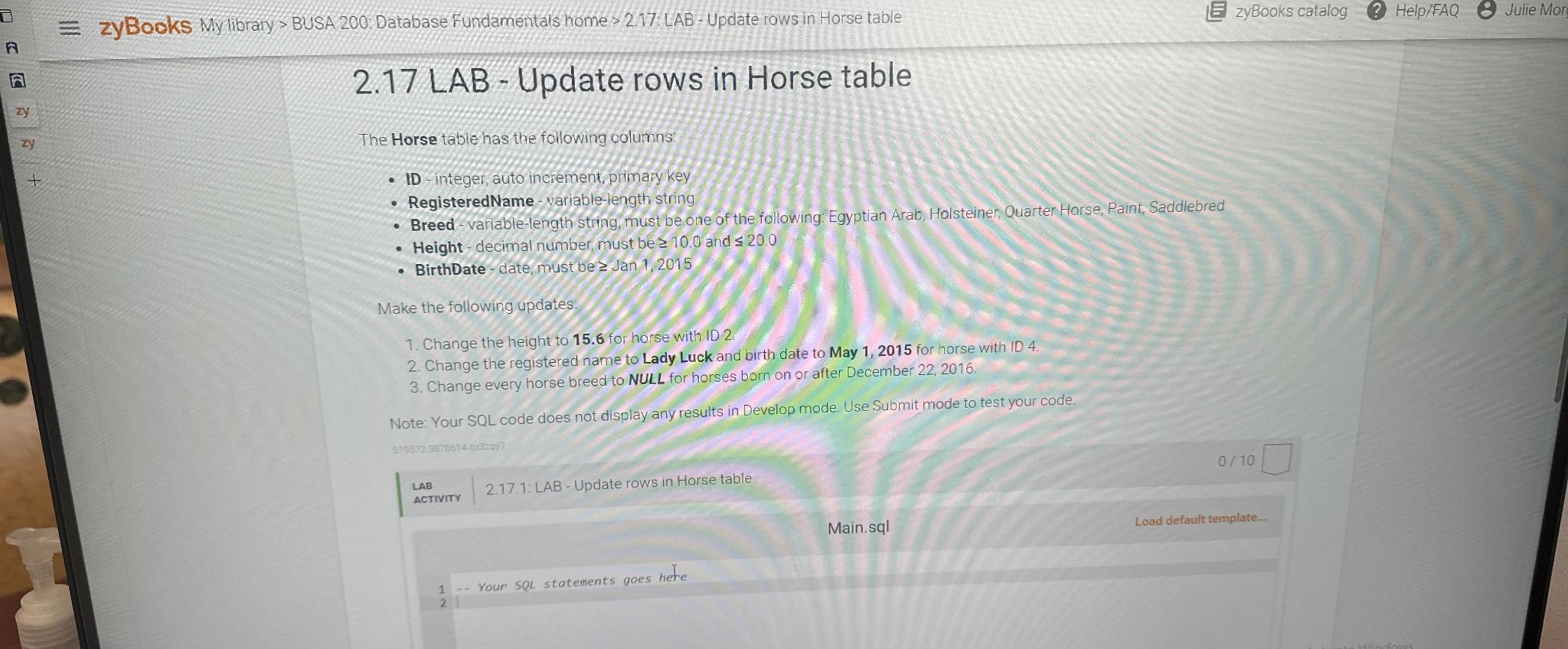  2.17 LAB - Update rows in Horse table The Horse table