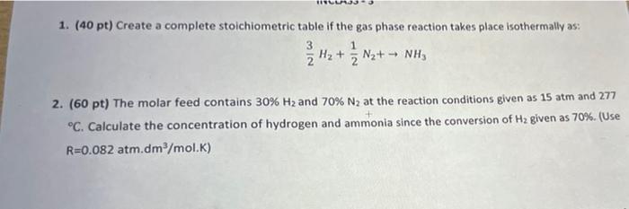  1. (40 pt) Create a complete stoichiometric table if the gas