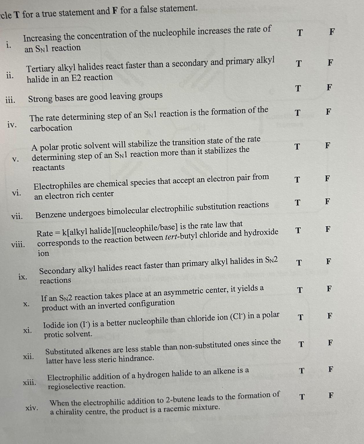  cle T for a true statement and F for a false