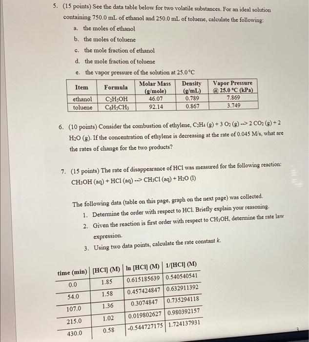 thx! 5. (15 points) See the data table below for two volatile