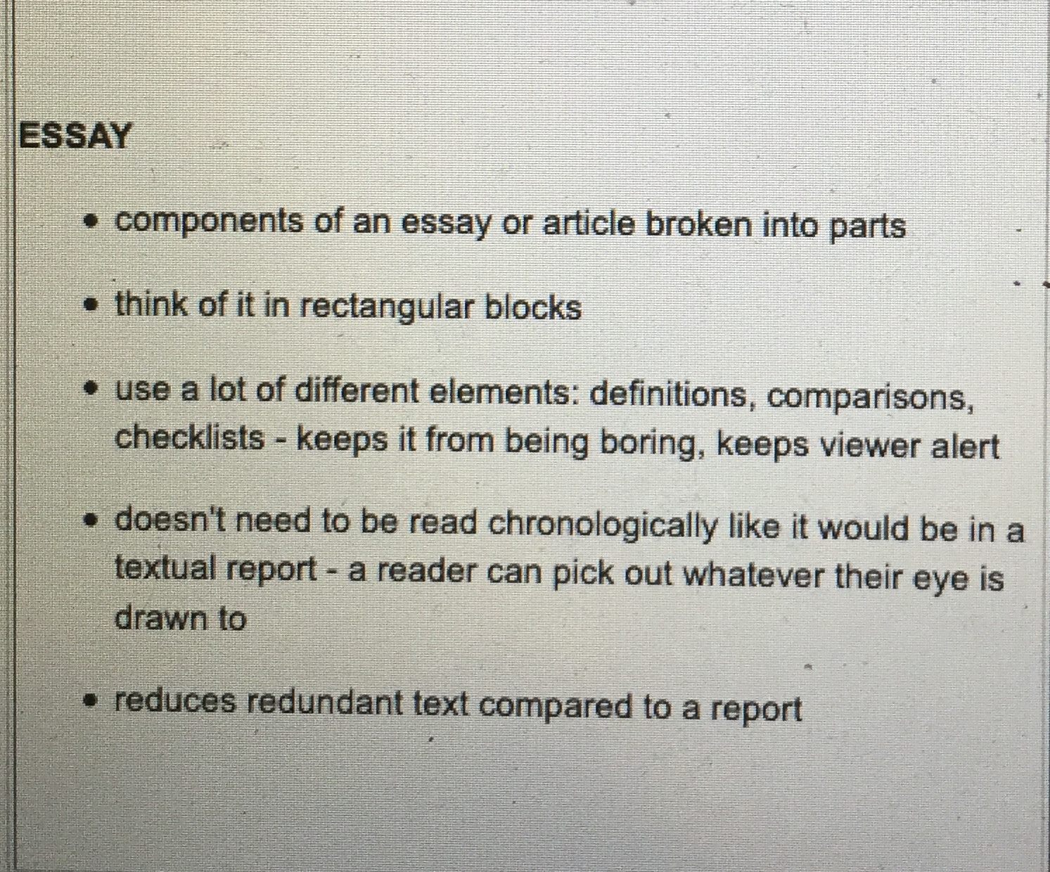 Answer this multiple choice question with the information provided. ESSAY . components