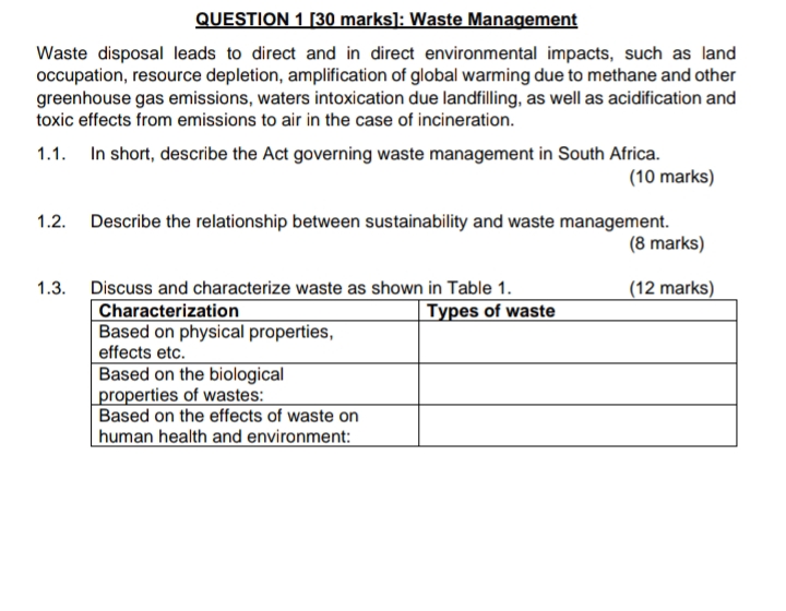  QUESTION 1[30 marks]: Waste Management Waste disposal leads to direct and