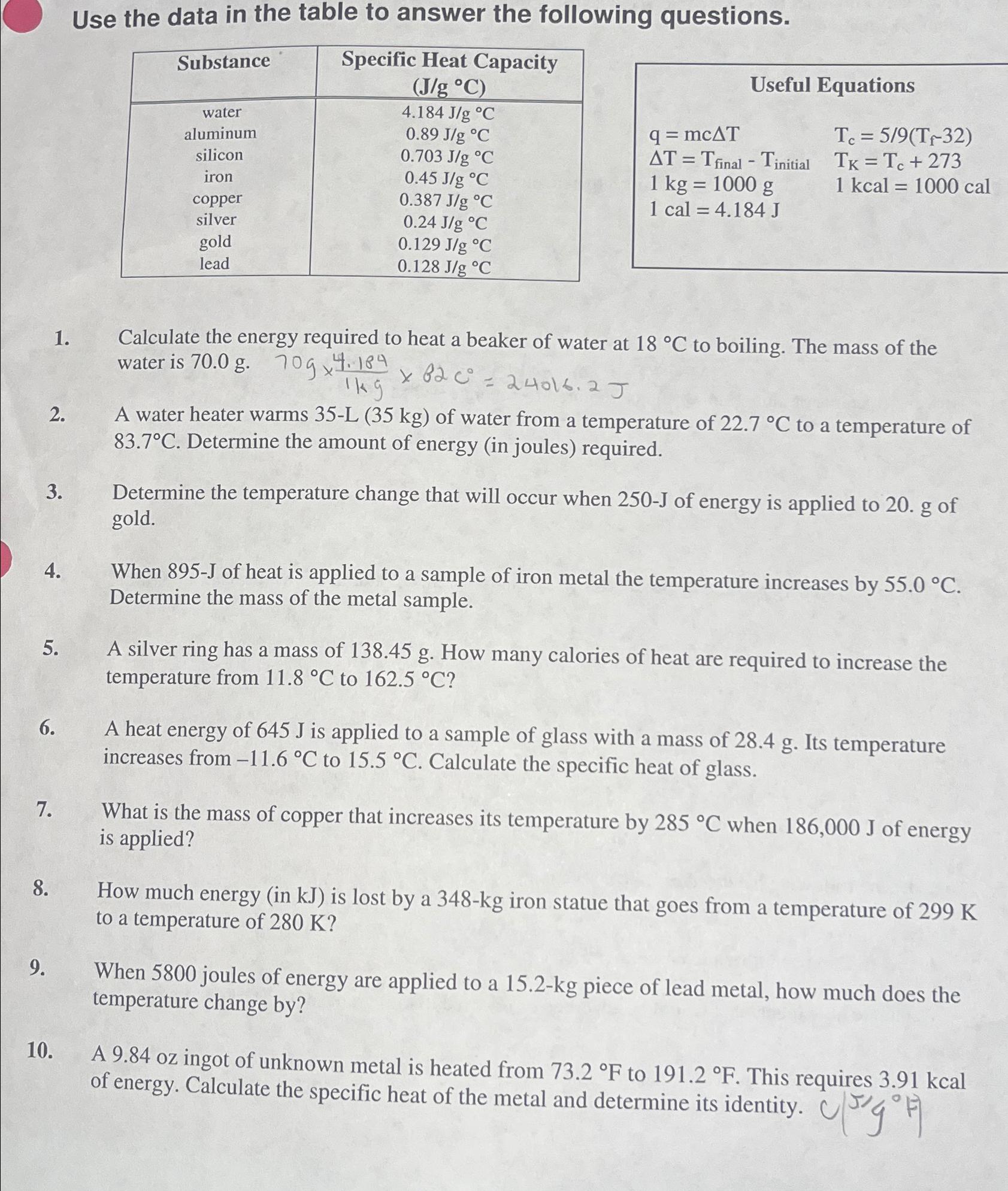  Use the data in the table to answer the following questions.