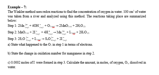 Example - 7: The Winkler method uses redox reactions to find