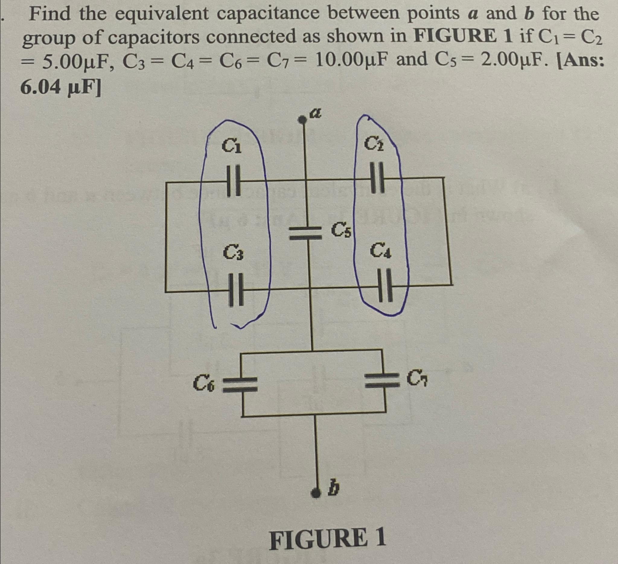  Find the equivalent capacitance between points a and b for the