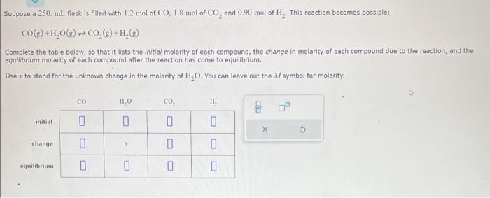  CO(g)+H2O(g)CO2(g)+H2(g) Complete the table below, so that it lists the initial