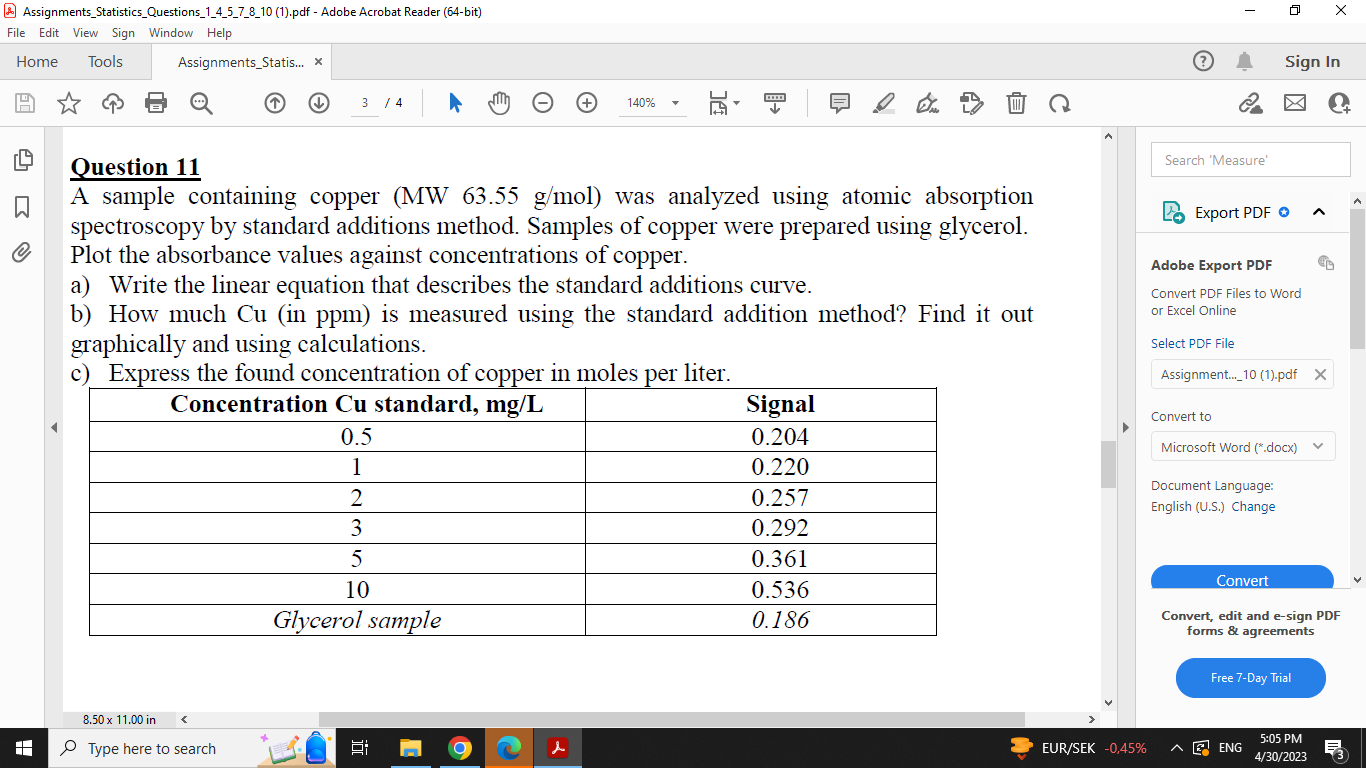  Question 11 A sample containing copper (MW 63.55g/mol ) was analyzed
