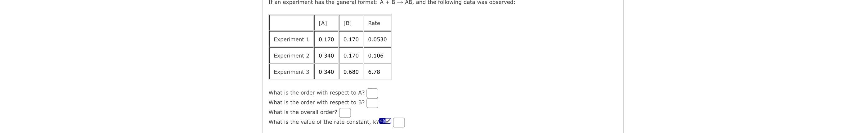  \table[[,A,B,Rate],[Experiment 1,0.170,0.170,0.0530],[Experiment 2,0.340,0.170,0.106],[Experiment 3,0.340,0.680,6.78]] What is the order with respect to