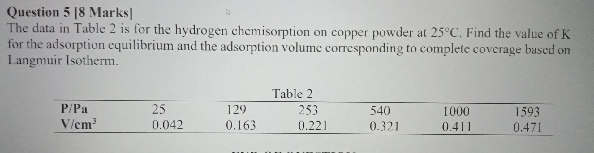  Question 5 [8 Marks] The data in Table 2 is for