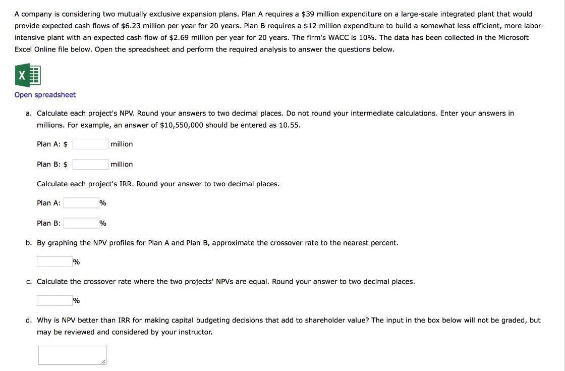 A company is considering two mutually exclusive expansion plans. Plan A