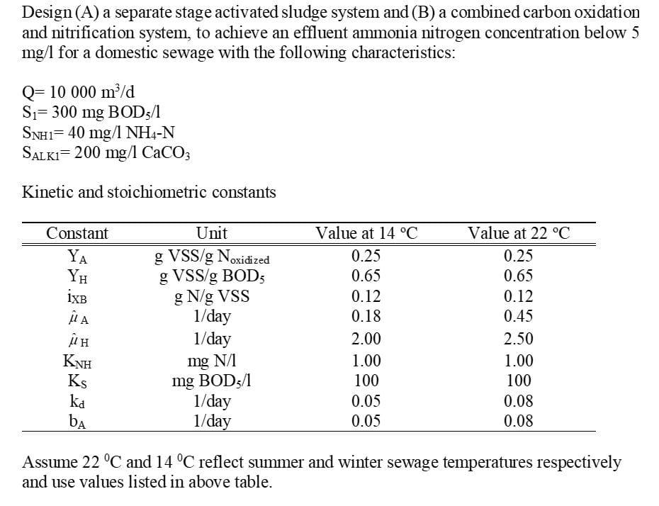 environmental engineering - BIOLOGICAL PROCESSES course question Design (A) a separate stage