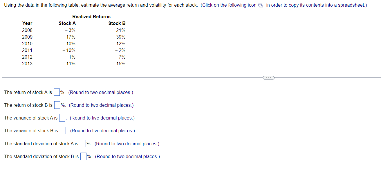  Using the data in the following table, estimate the average return