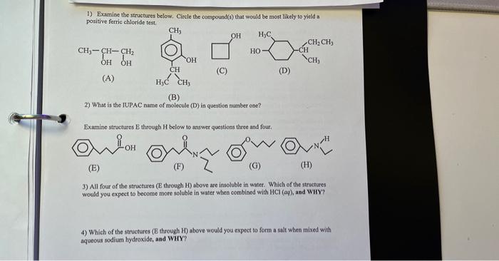  1) Extmine the structures below, Circle the compound(s) that would be